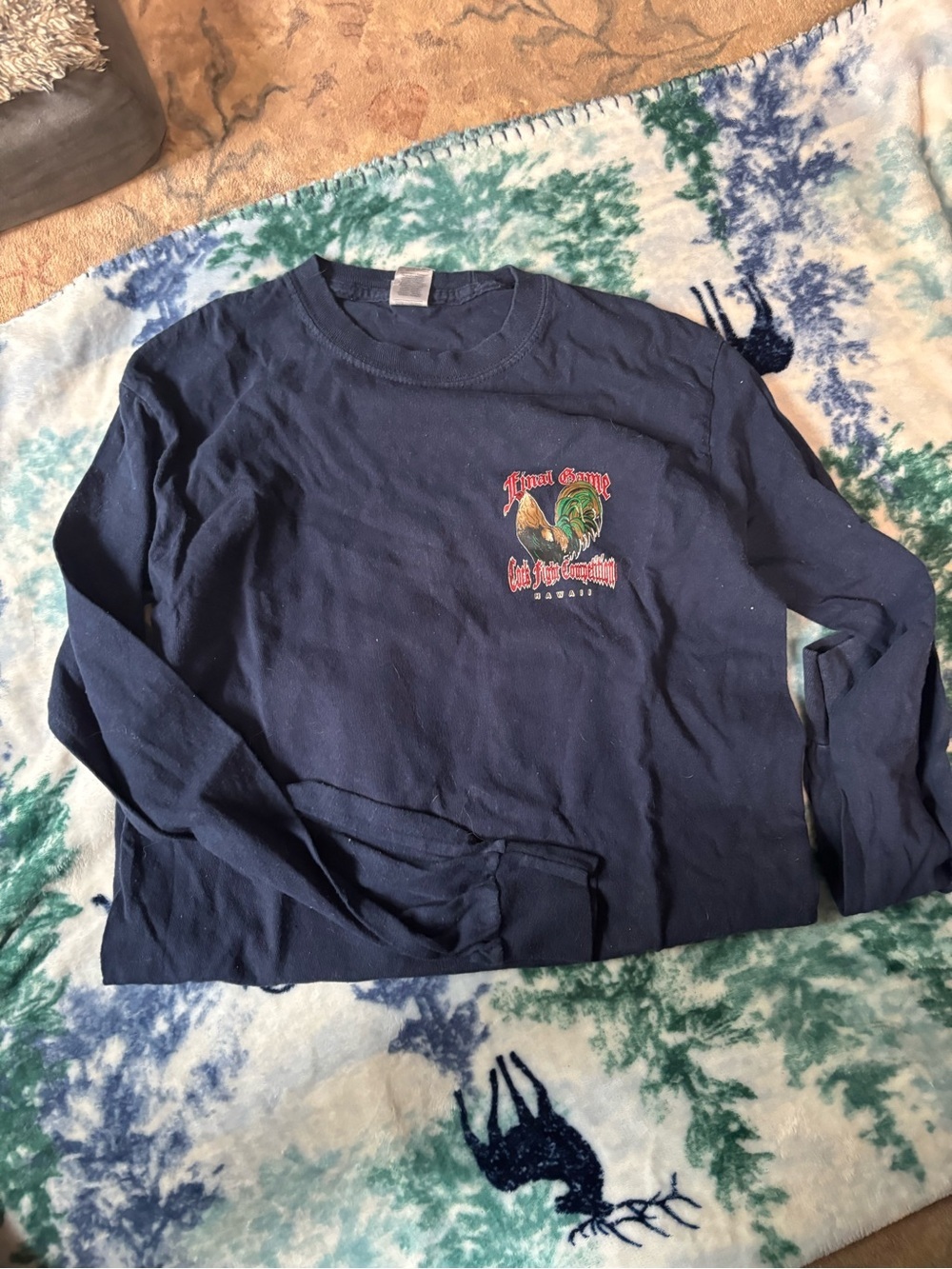 Gildan Navy Long-Sleeve Tee with Colorful Rooster Graphic